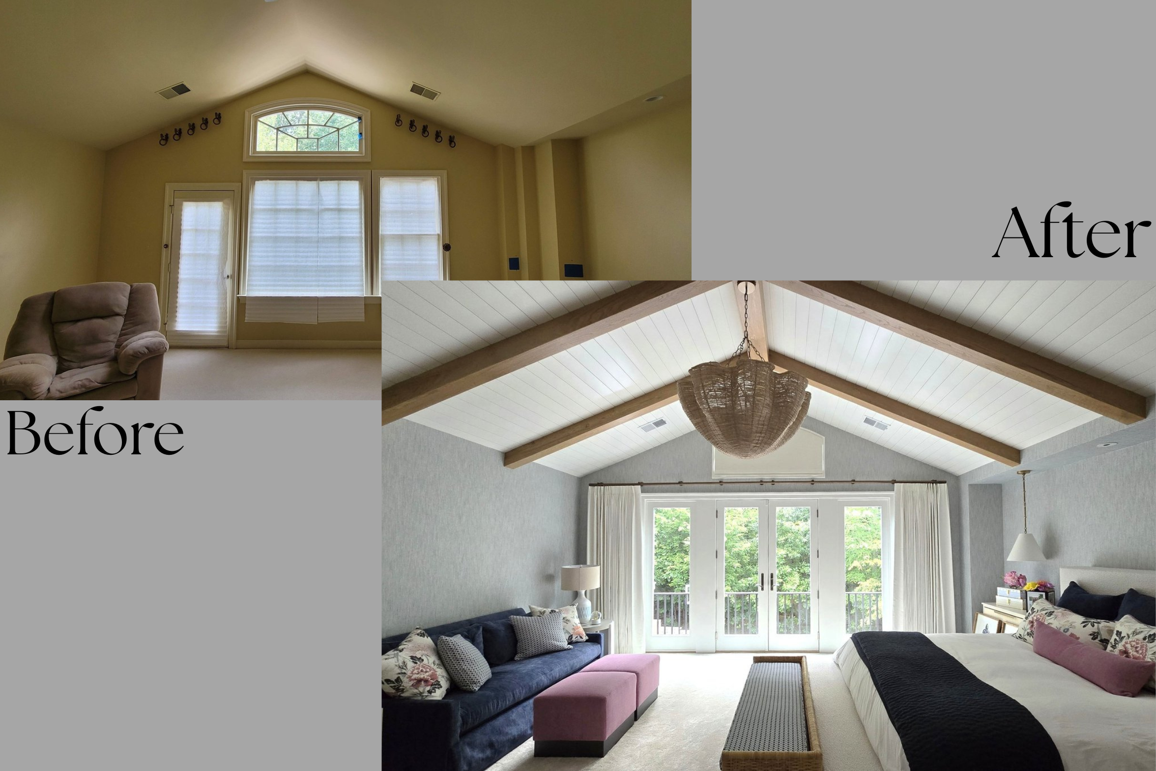 Comparison of a room before and after interior renovation. The before image shows a plain room with beige walls, a recliner, and closed blinds. The after image features a bright, stylish bedroom with a vaulted ceiling, large glass doors, modern furniture, and decorative lighting.
