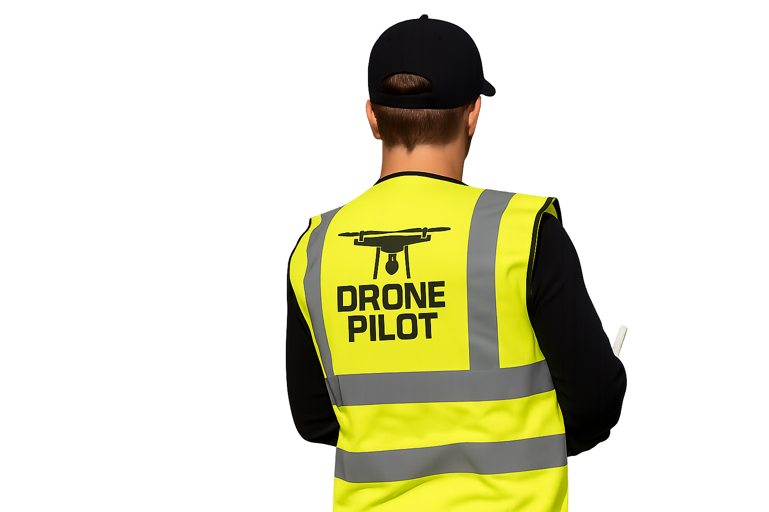 A drone pilot wearing a yellow reflective safety vest with a drone icon and the words 'DRONE PILOT' on the back, standing with his back to the camera.