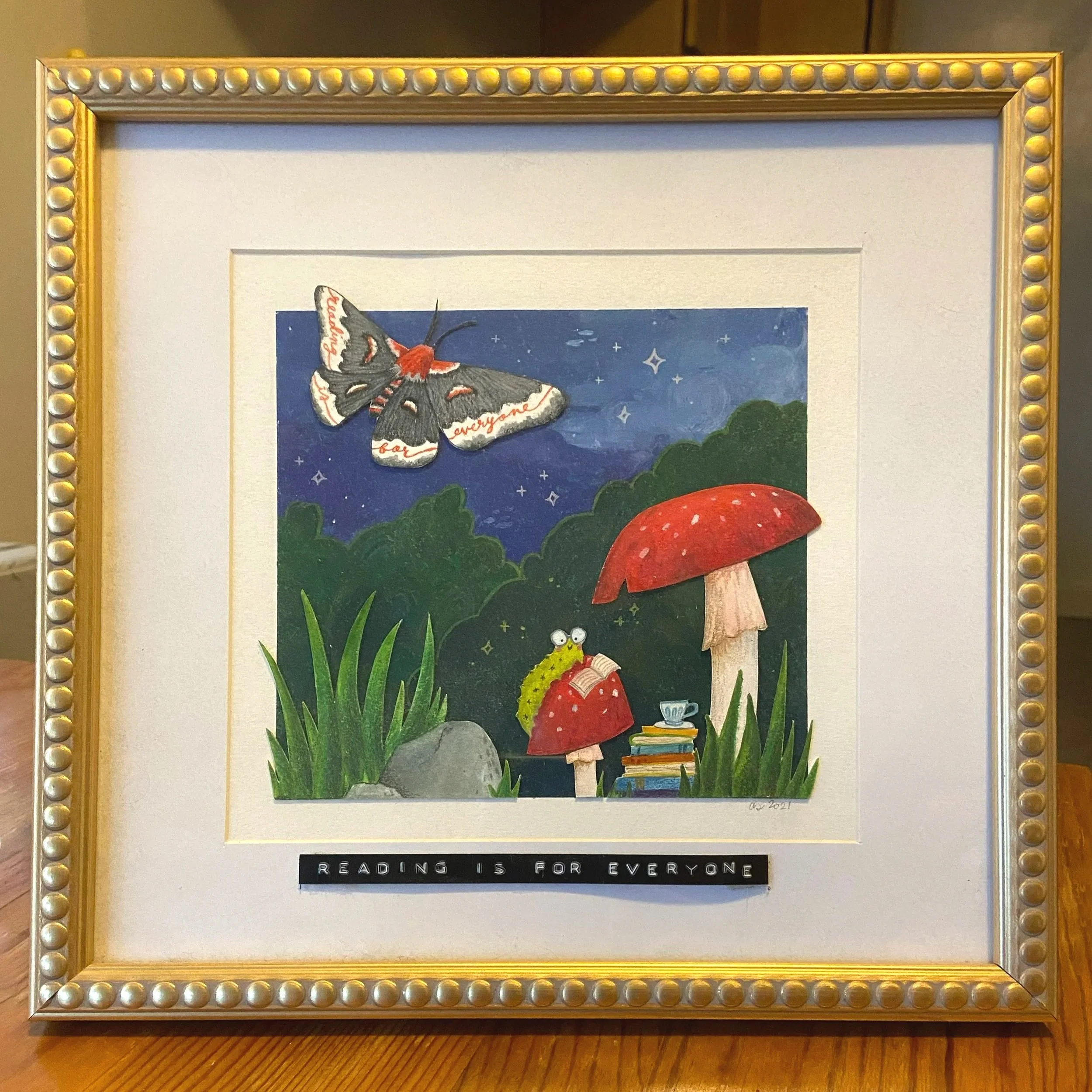 literacy fundraiser piece, gouache & colored pencil collage