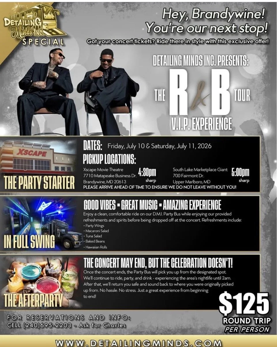 Advertisement for a concert VIP tour featuring the R&B duo, with event dates July 10 and 11, 2026, at Xscape Movie Theatre and South Lake Marketplace Giant. Includes details on party start times, pickup locations, activities, refreshments, and contac