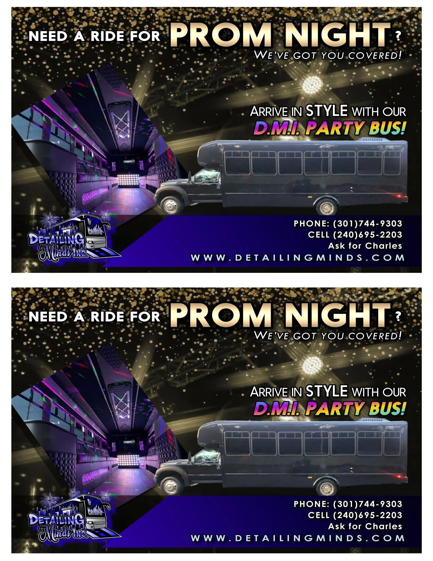 Promotional flyer featuring a party bus with colorful interior lighting, nightclub background with confetti and sparklers, offering prom night transportation services.