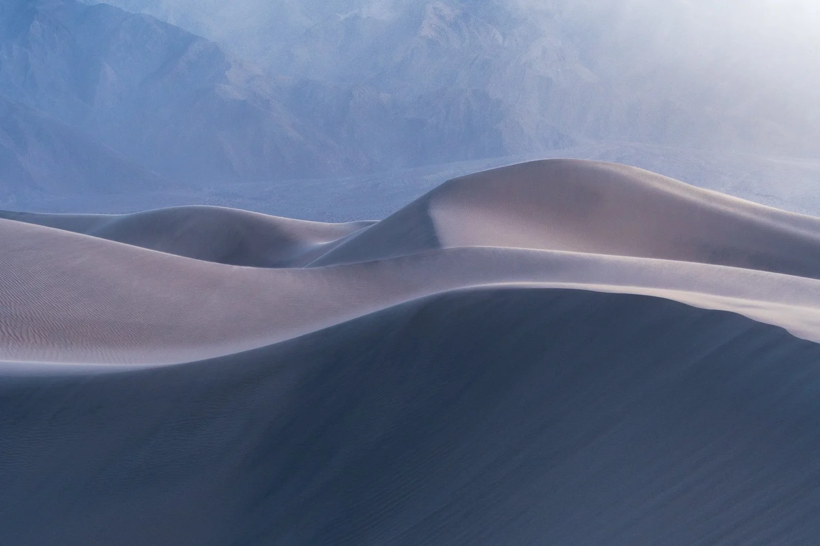 Sunlit sand dunes with smooth curves under a partly cloudy sky by Jennifer Renwick.