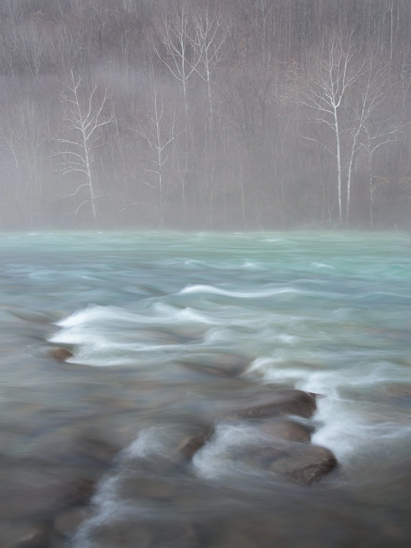 Flowing Appalachian river with rocks in the foreground, foggy background, leafless trees along the riverbank by Michele Sons.