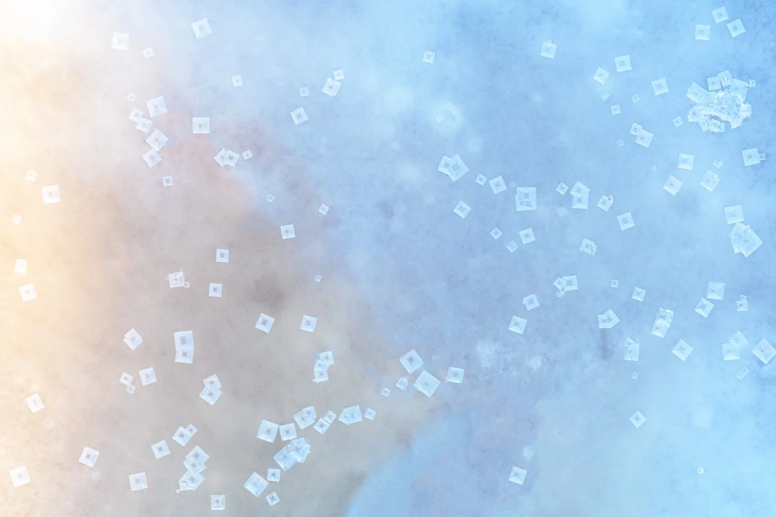 Multiple small, transparent plastic bags scattered on a light blue surface by Jennifer Renwick.