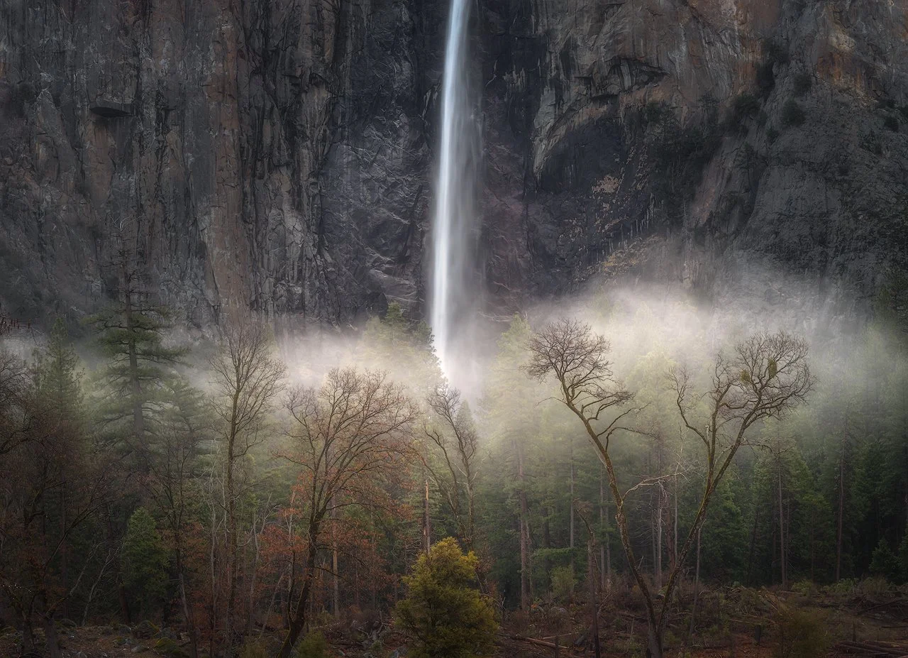A waterfall cascading from a cliff into a forest with mist and bare trees by Charlotte Gibb.