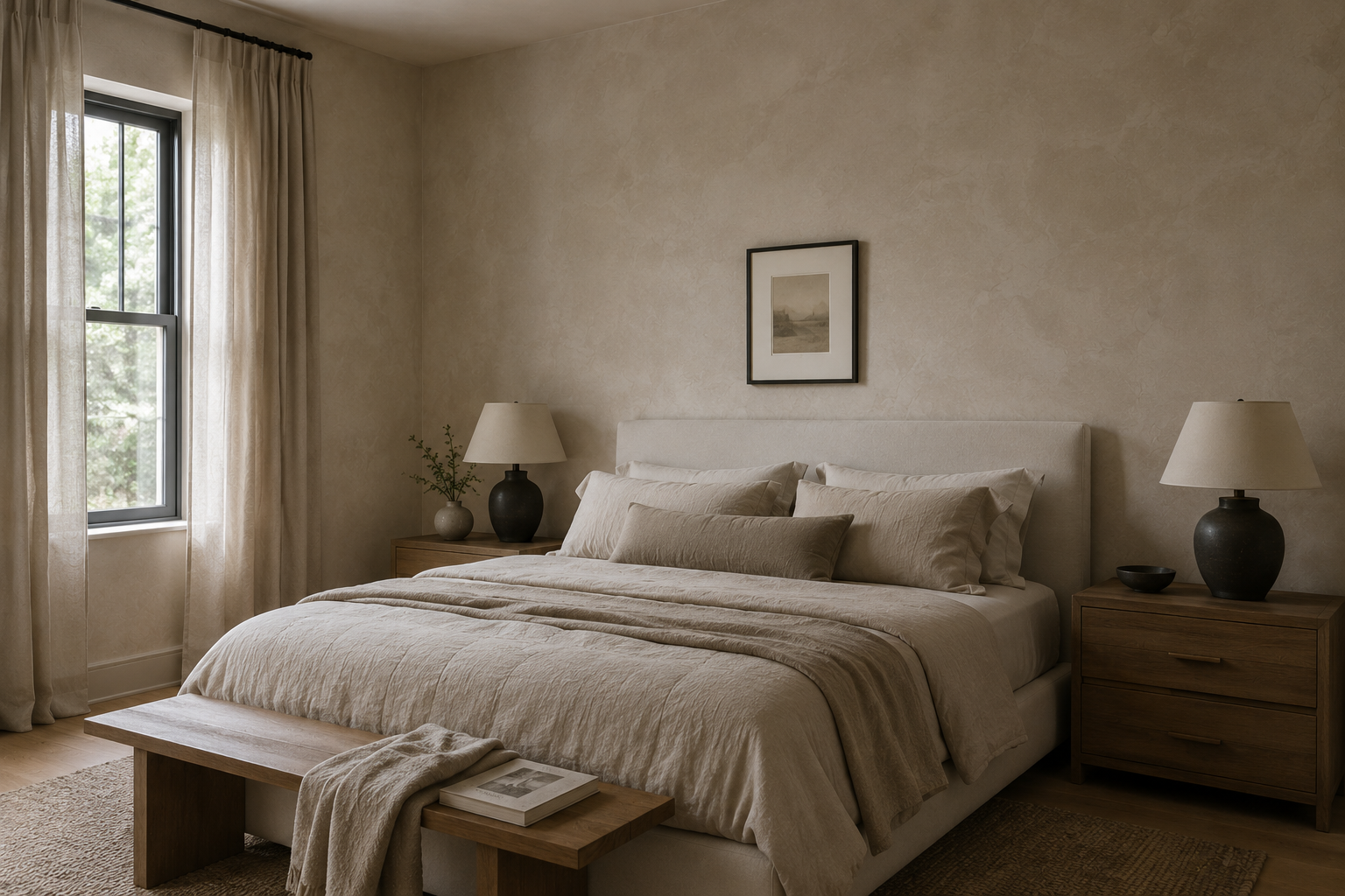 Minimalist bedroom with beige walls, large window with curtains, cream-colored bed with multiple pillows, wooden nightstands with lamps and decorative vases, framed artwork on the wall, wooden bench at foot of bed, and beige rug.