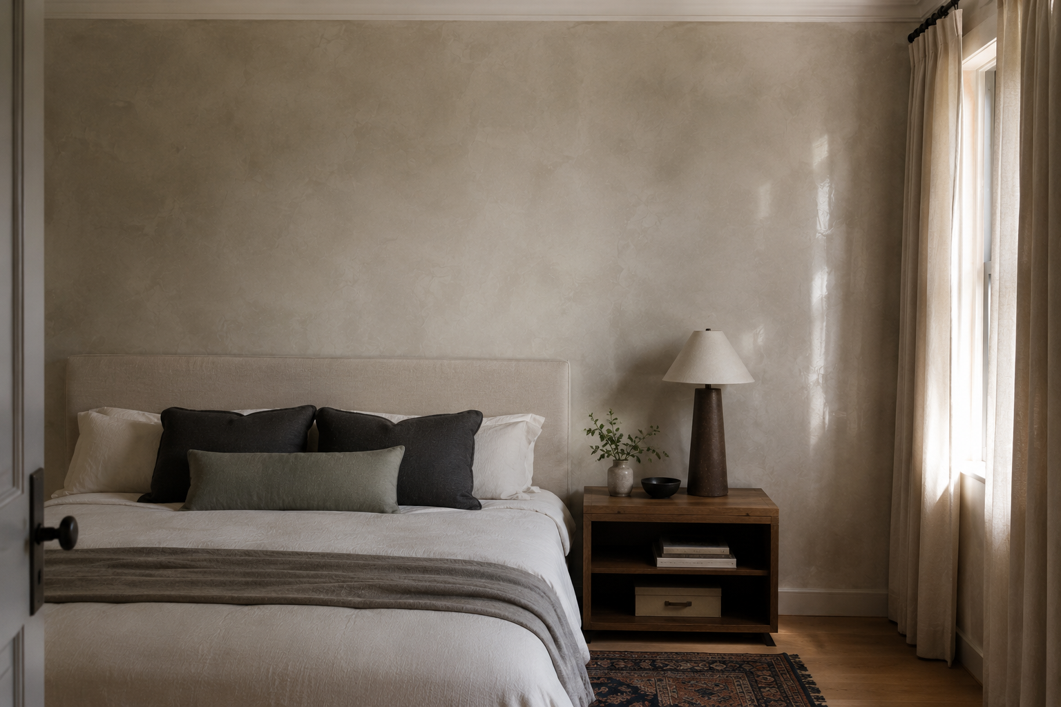 A cozy bedroom with walls that create a calming and comforting feeling. that is what Venetian plaster will do. textured marmorino sand.