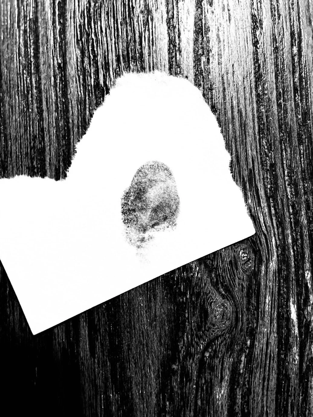 A black and white picture of a fingerprint on a piece of paper, placed on a wooden surface.
