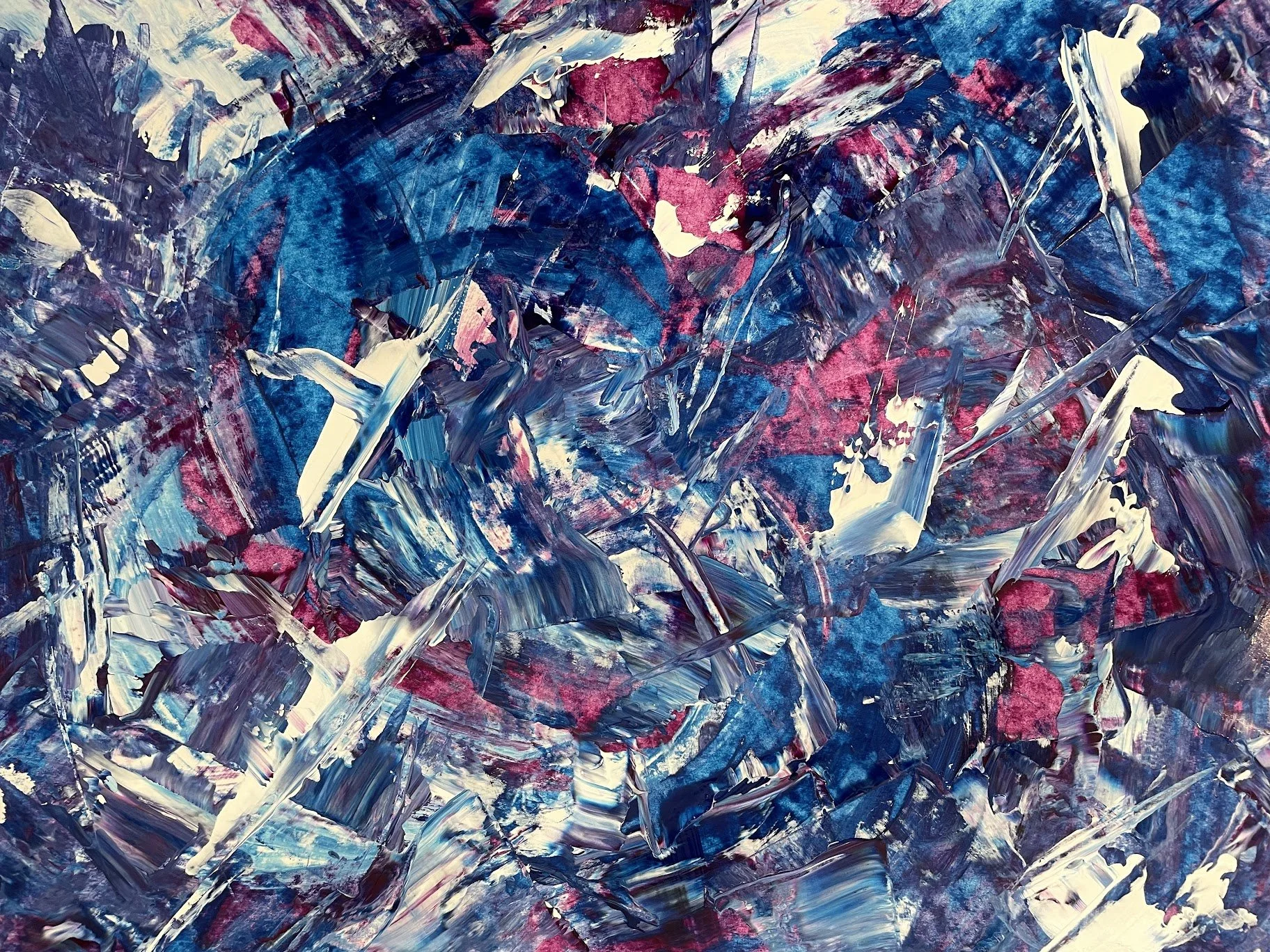 Abstract expressionist painting with bold, energetic strokes in shades of blue, white, pink, purple, and cream.