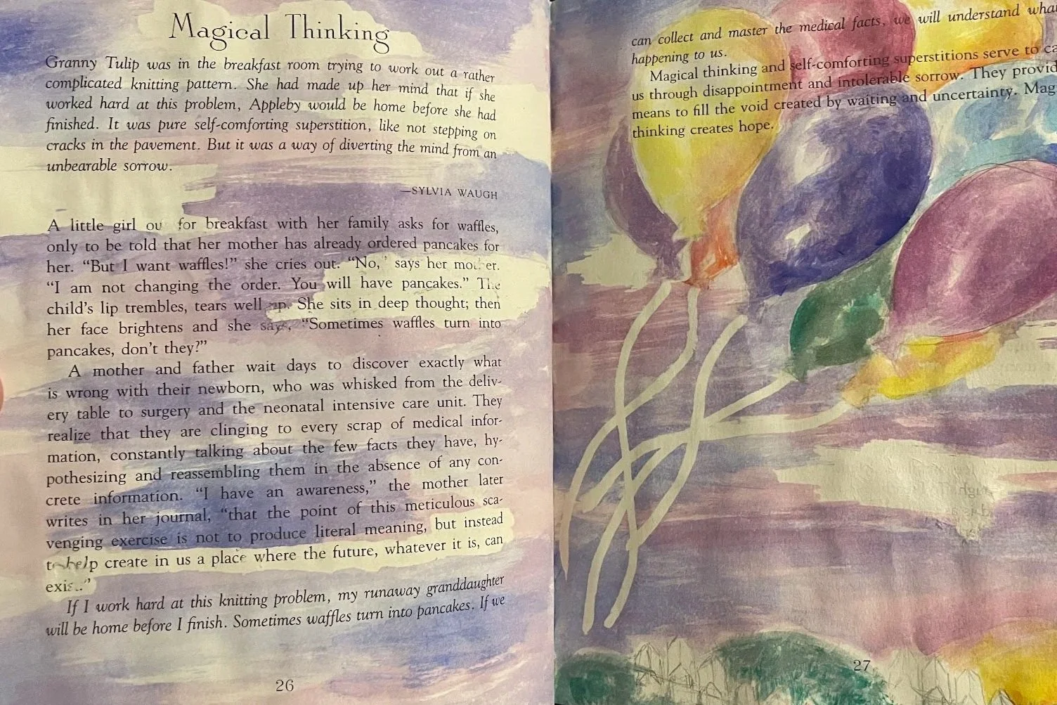 Open book with handwritten notes on pages 26 and 27. Left page contains text about a story titled "Magical Thinking" with highlighted words, and right page features a colorful watercolor illustration of balloons with strings.