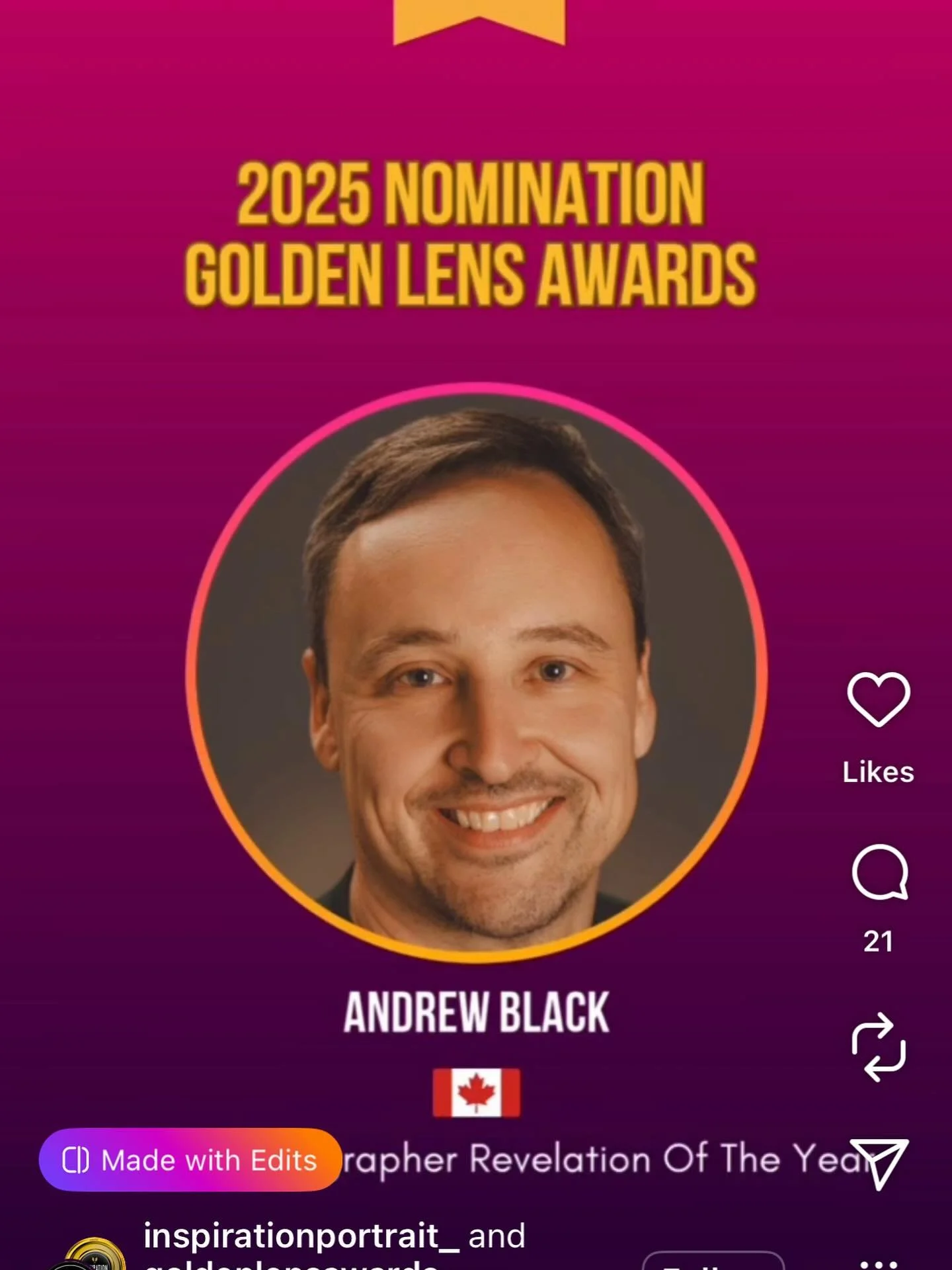 I&rsquo;m very humbled for the nomination from @inspirationportrait_ for 2025 Golden Lens for Portrait Photographer Revelation of the year. An incredible group of photographers from all over the the world - good luck to all! #torontoportraitphotograp