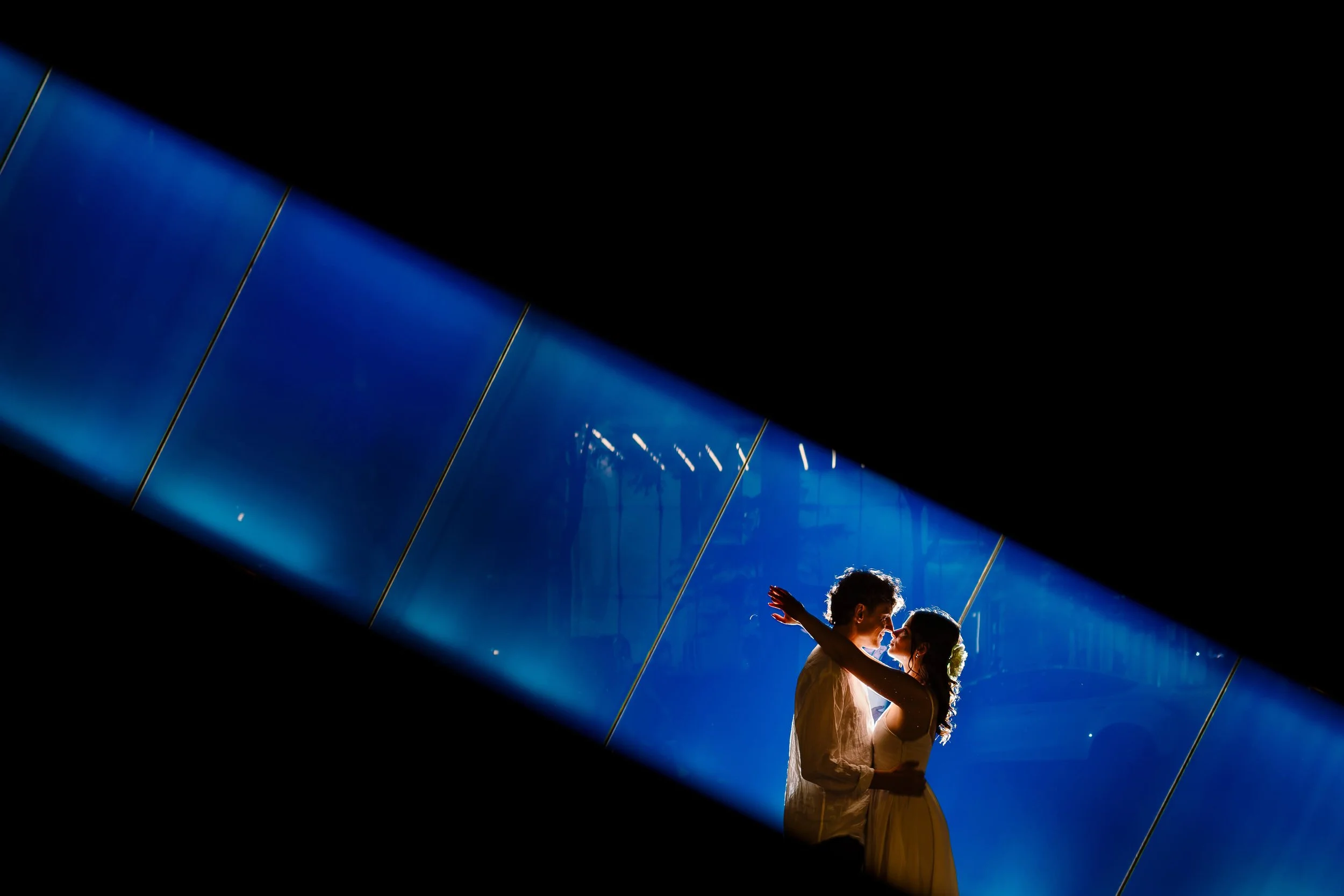 A silhouette of a couple sharing a romantic moment under blue stage lighting, with their faces close together, in a dark environment.