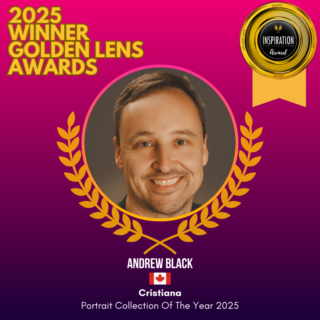 Award certificate for 2025 Golden Lens Awards, featuring a portrait of Andrew Black, winner in Portrait Collection of the Year 2025, with his name, Canadian flag, and recognition for Cristiania.
