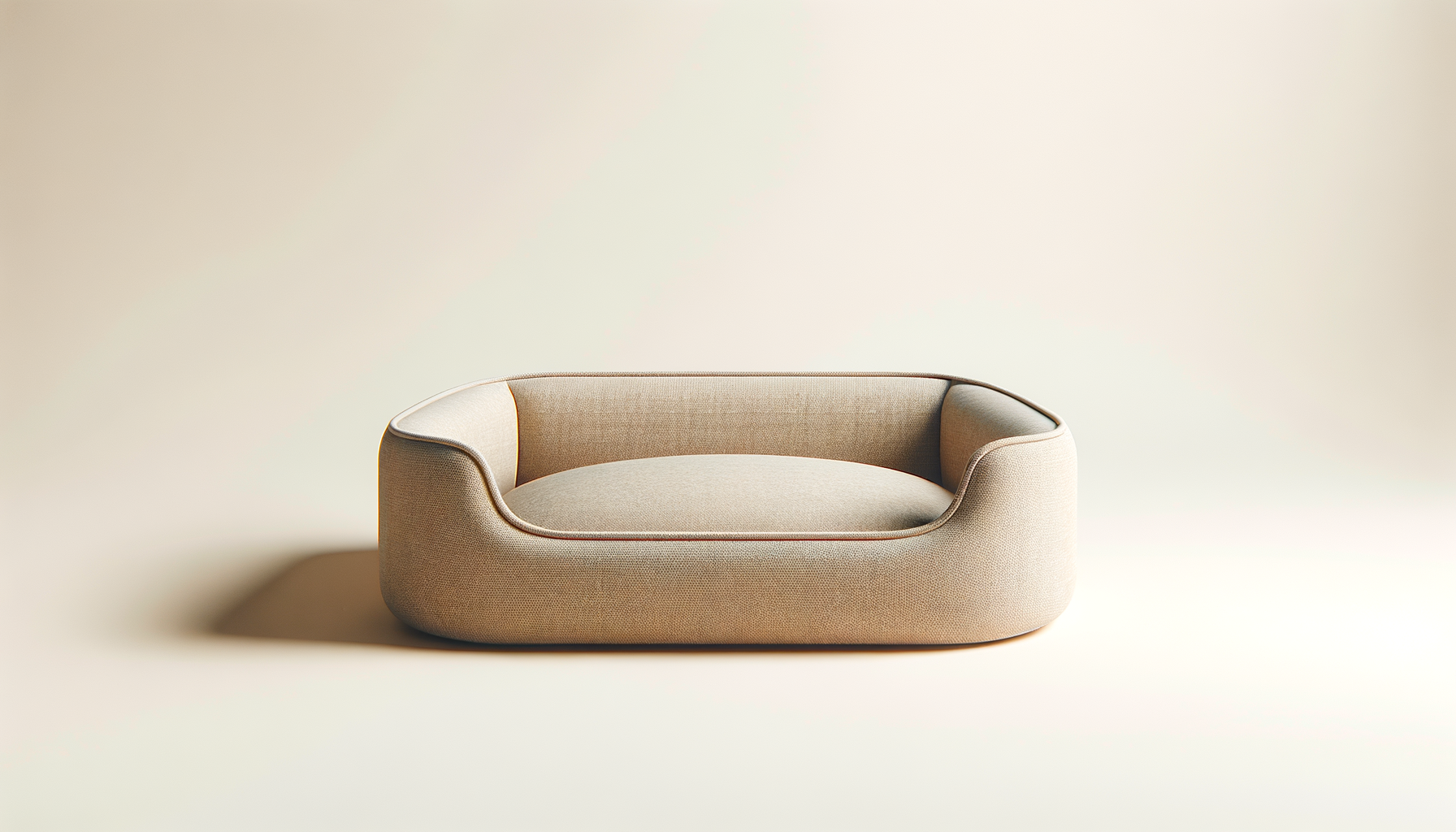 A modern beige sofa with rounded edges and a textured fabric sitting against a plain, light background.