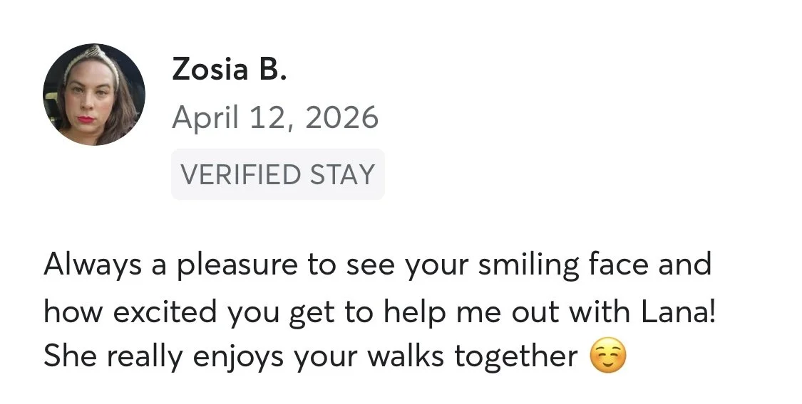 Screenshot of a verified stay review from Zosia B. dated April 12, 2026, expressing pleasure in seeing the smiling face of the host and mentioning enjoyment during walks with a pet named Lana.
