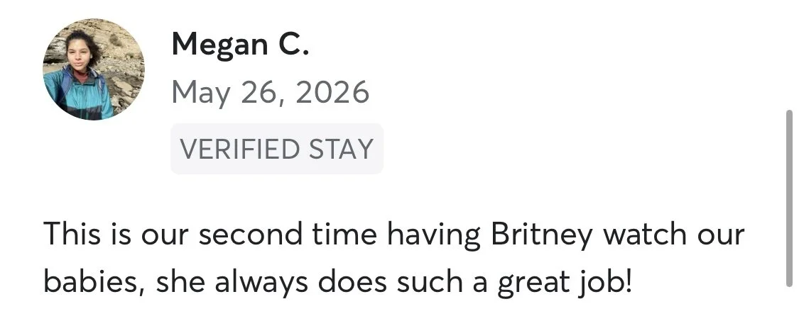 Text review from Megan C. dated May 26, 2026, praising Britney for watching their babies and doing a great job.