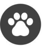 Icon of a dog paw print in white on a dark gray circular background.