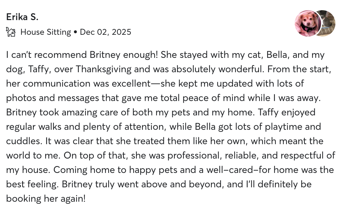 Screenshot of a pet sitting review mentioning Britney, a dog, and two cats named Bella and Taffy.