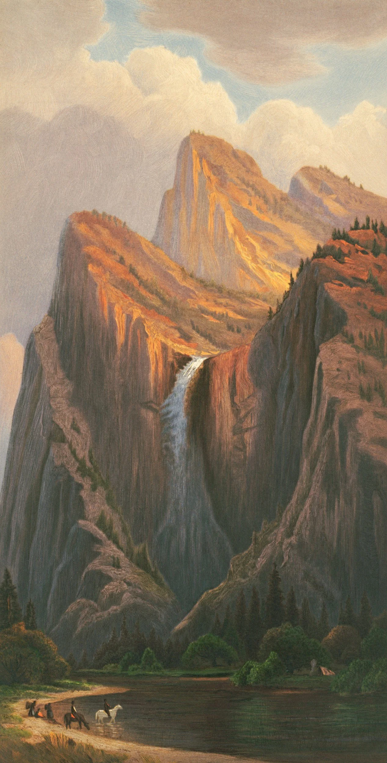 Painting of a mountain landscape with a waterfall, trees, and three people on horseback by a river.