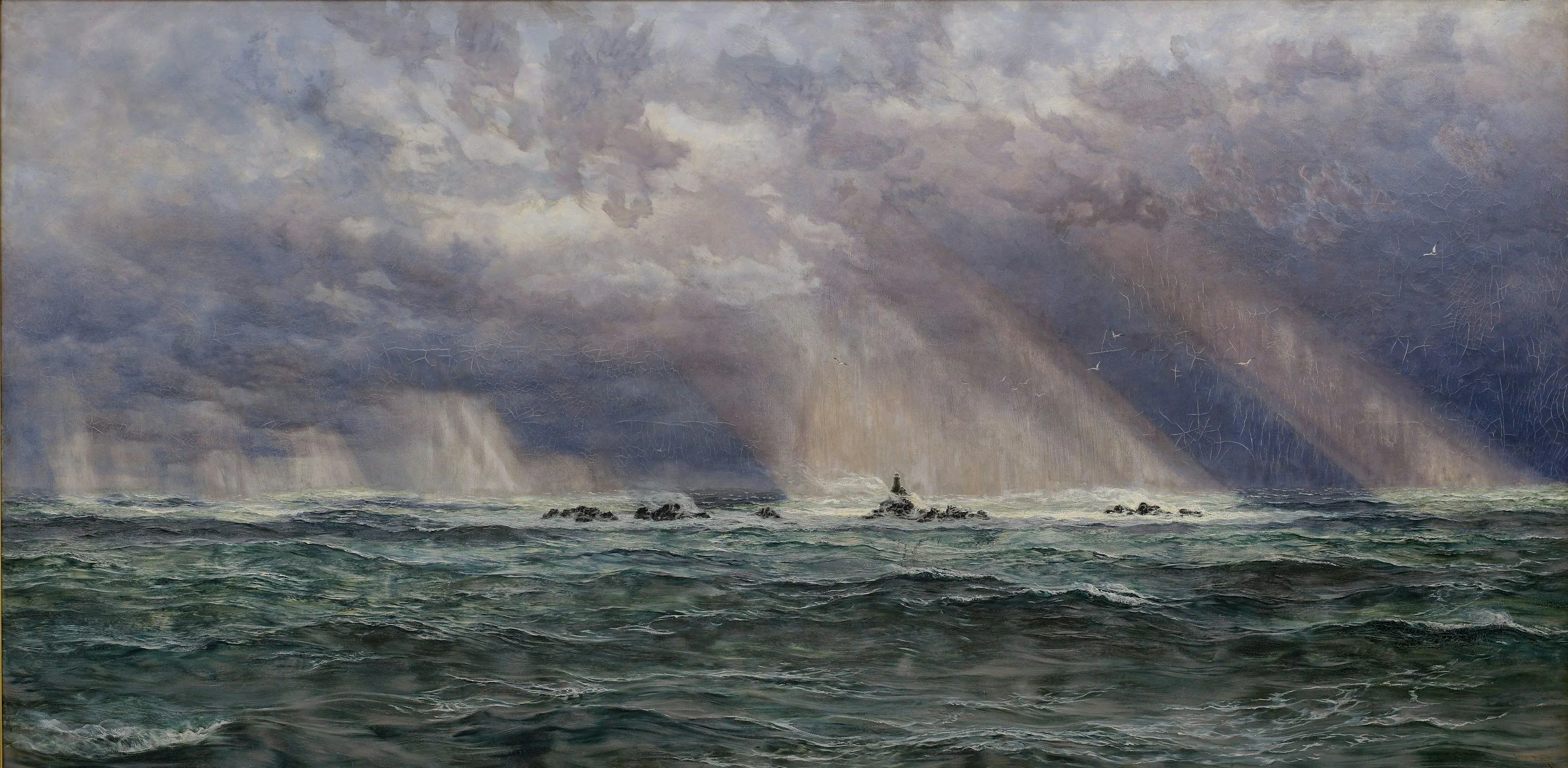 A stormy sea with dark waves and heavy rain in the background, overcast sky with dark clouds.