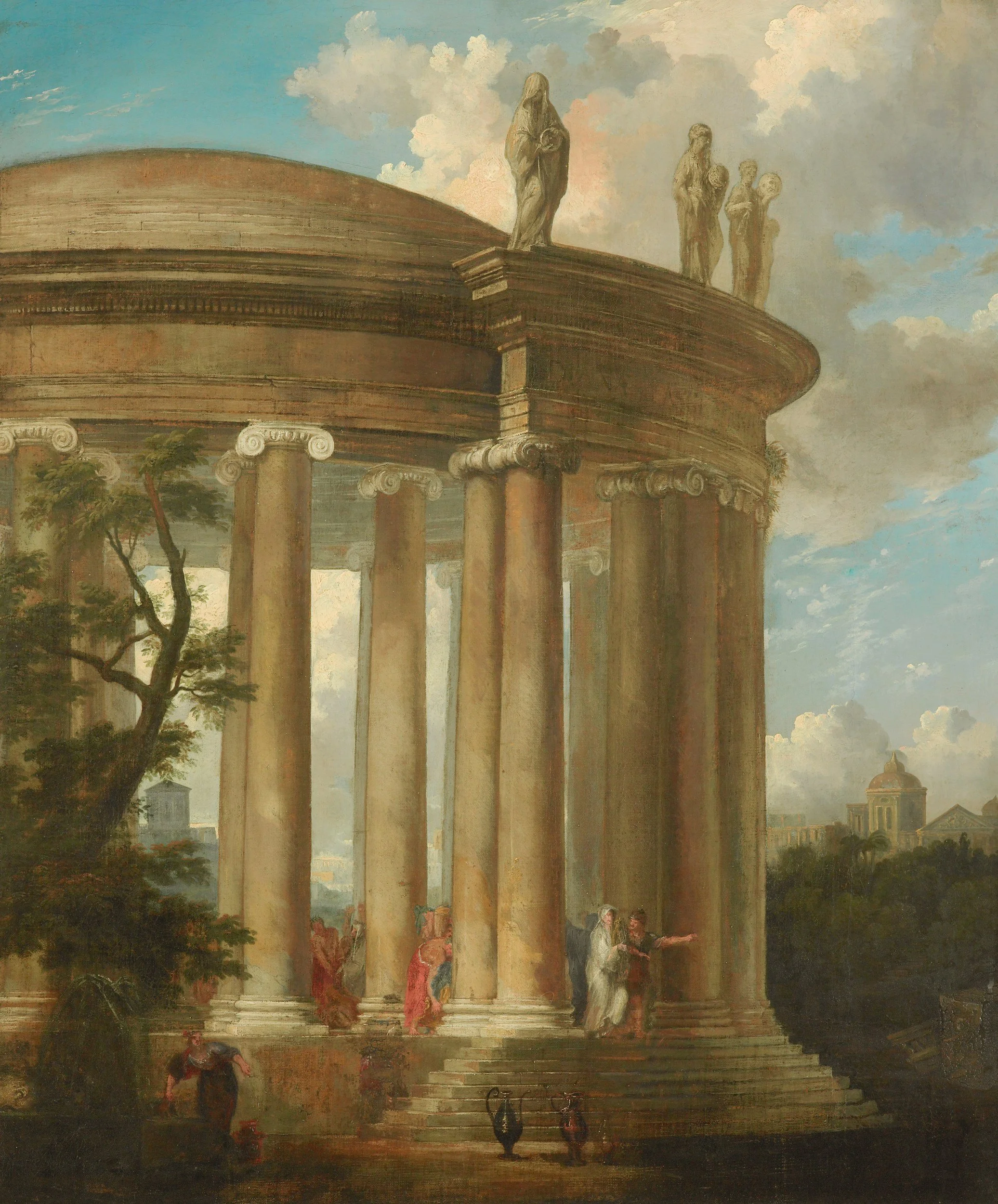 A classical-style painting of a round temple with tall columns, statues on top, people sitting and standing at the stairs, a tree on the left, and city buildings in the background under a cloudy sky.