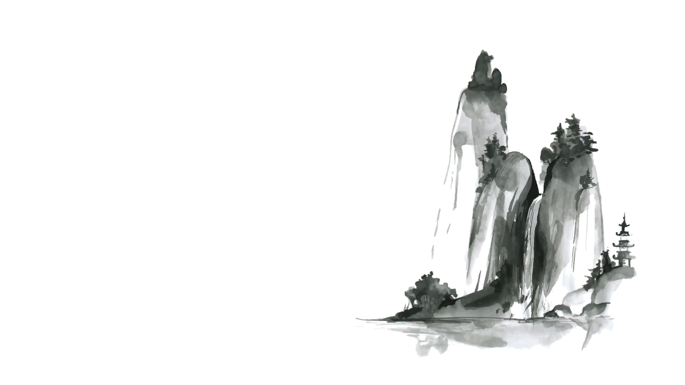 Traditional Chinese ink wash painting of a mountainous landscape with waterfalls, trees, and a pagoda.