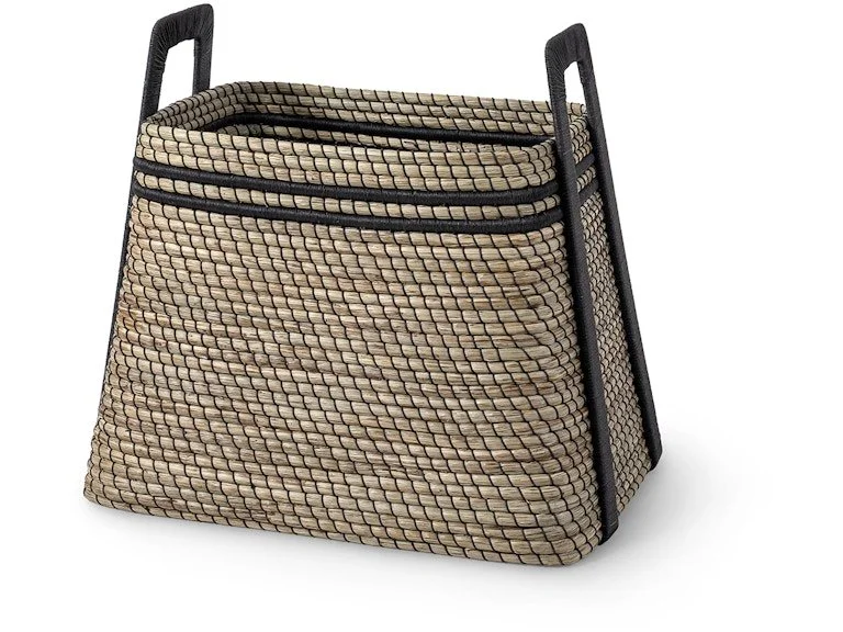 Natural seagrass with black leather binding detail, hand-wrapped in a tapered coil weave design around a metal frame. Accented with large metal handles intricately wrapped with black leather bindings.