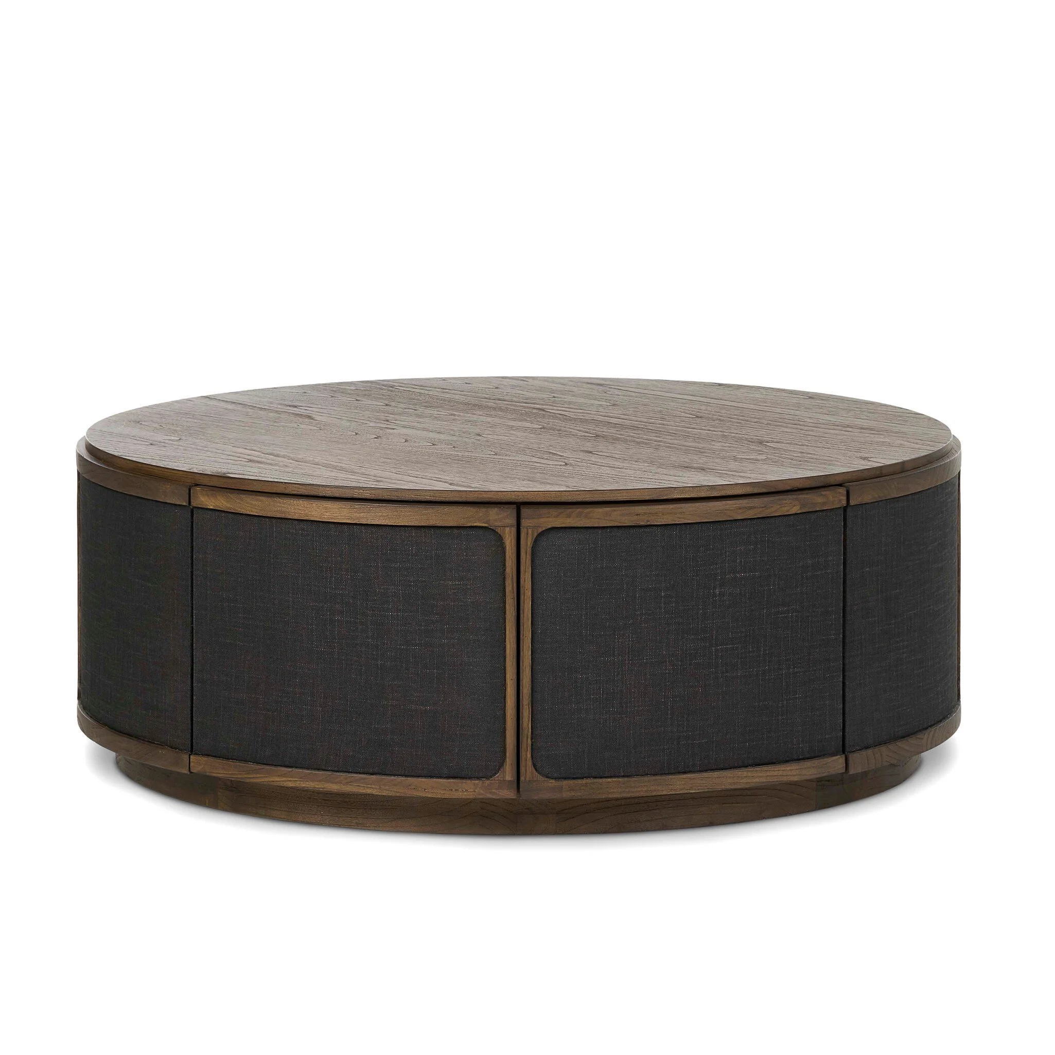 Warm sungkai wood frames lacquered, black linen side panels. On both sides, hidden doors open to interior storage, finishing off this design-forward coffee table with a clever touch.