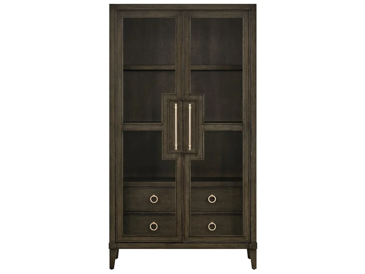 This tall display cabinet features inset glass doors, adjustable shelving, and integrated LED lighting for elevated storage. Finished in Fenwick with Dusty Bronze hardware, it offers both function and refinement. 