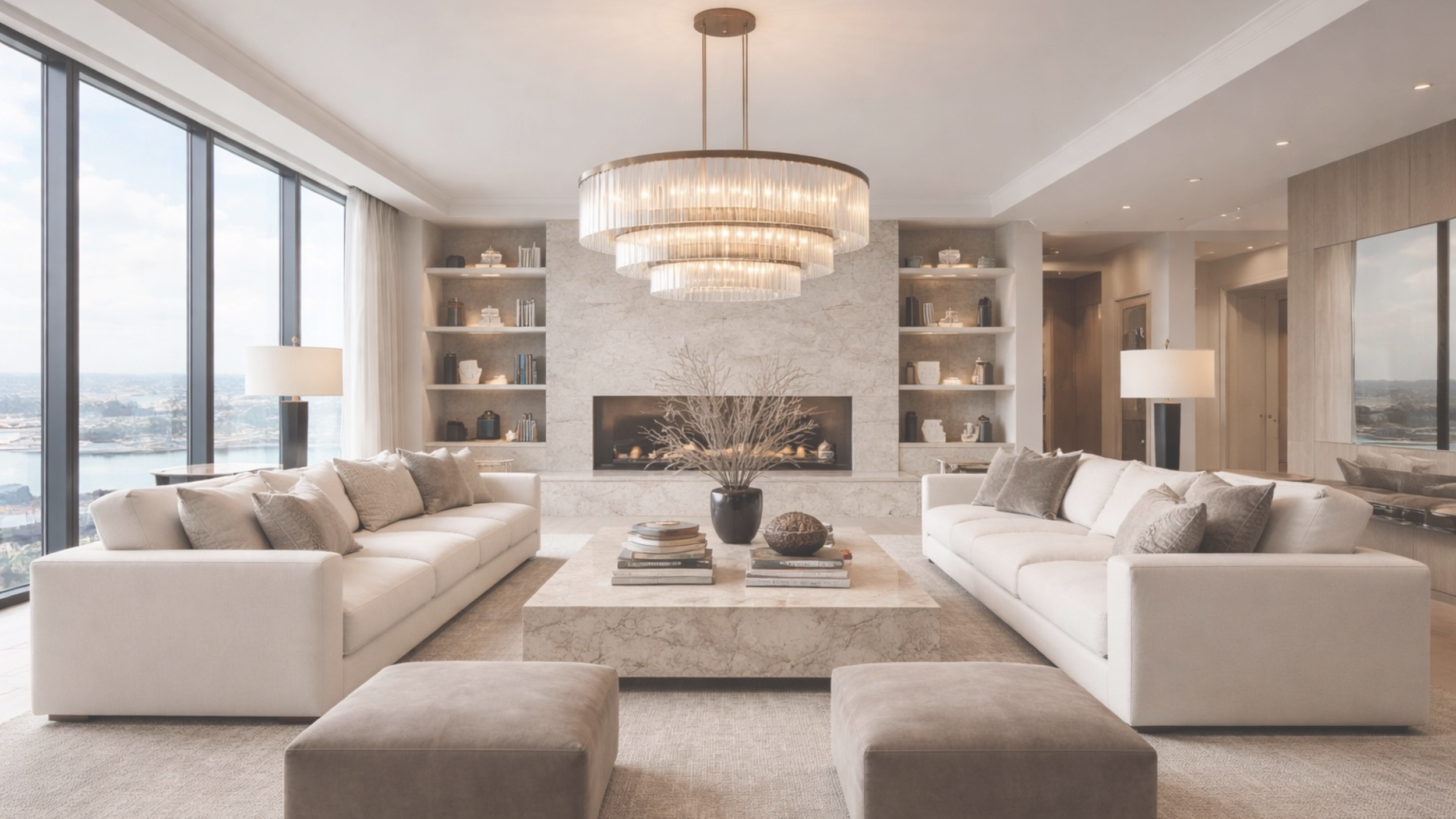 Elegant living room with white furniture and a fireplace, showcasing Quorum & Co's design in Las Vegas, Nevada.