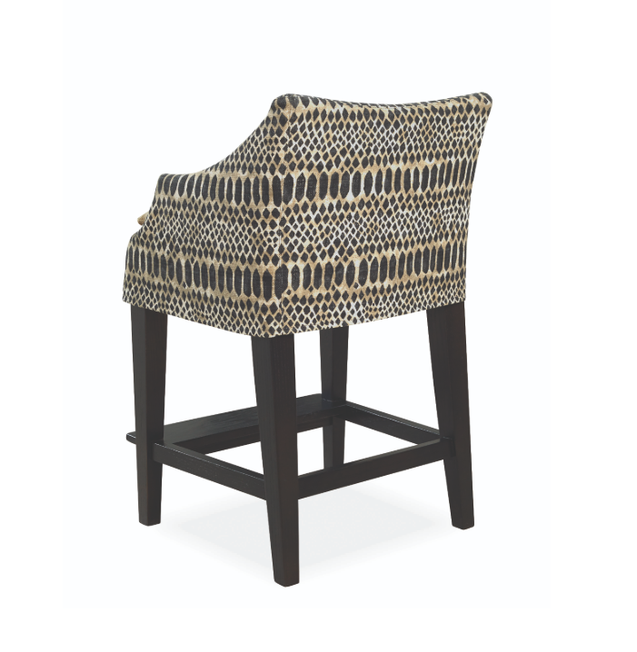 Bar stool with a patterned seat and back, featuring an oak frame in Kilimanjaro Onyx by LEE Industries.