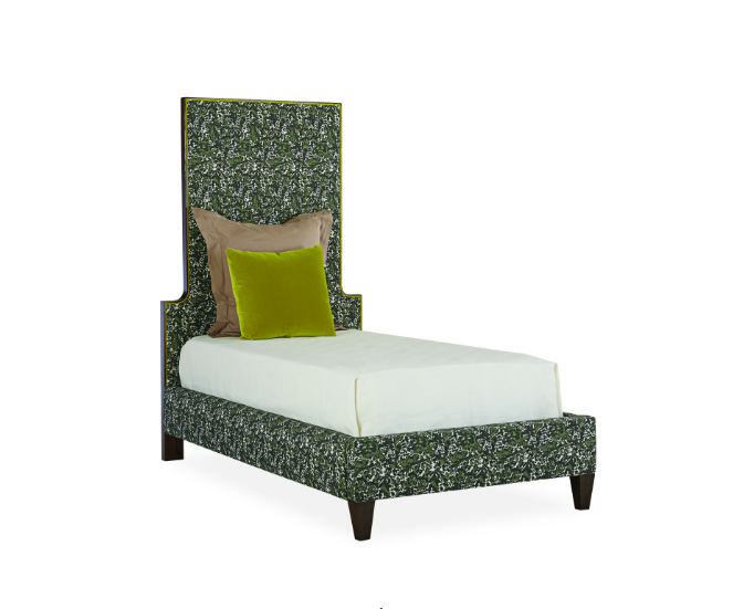 Twin bed with a green and white patterned headboard, featuring an oak frame in camouflage hunter fabric by LEE Industries.