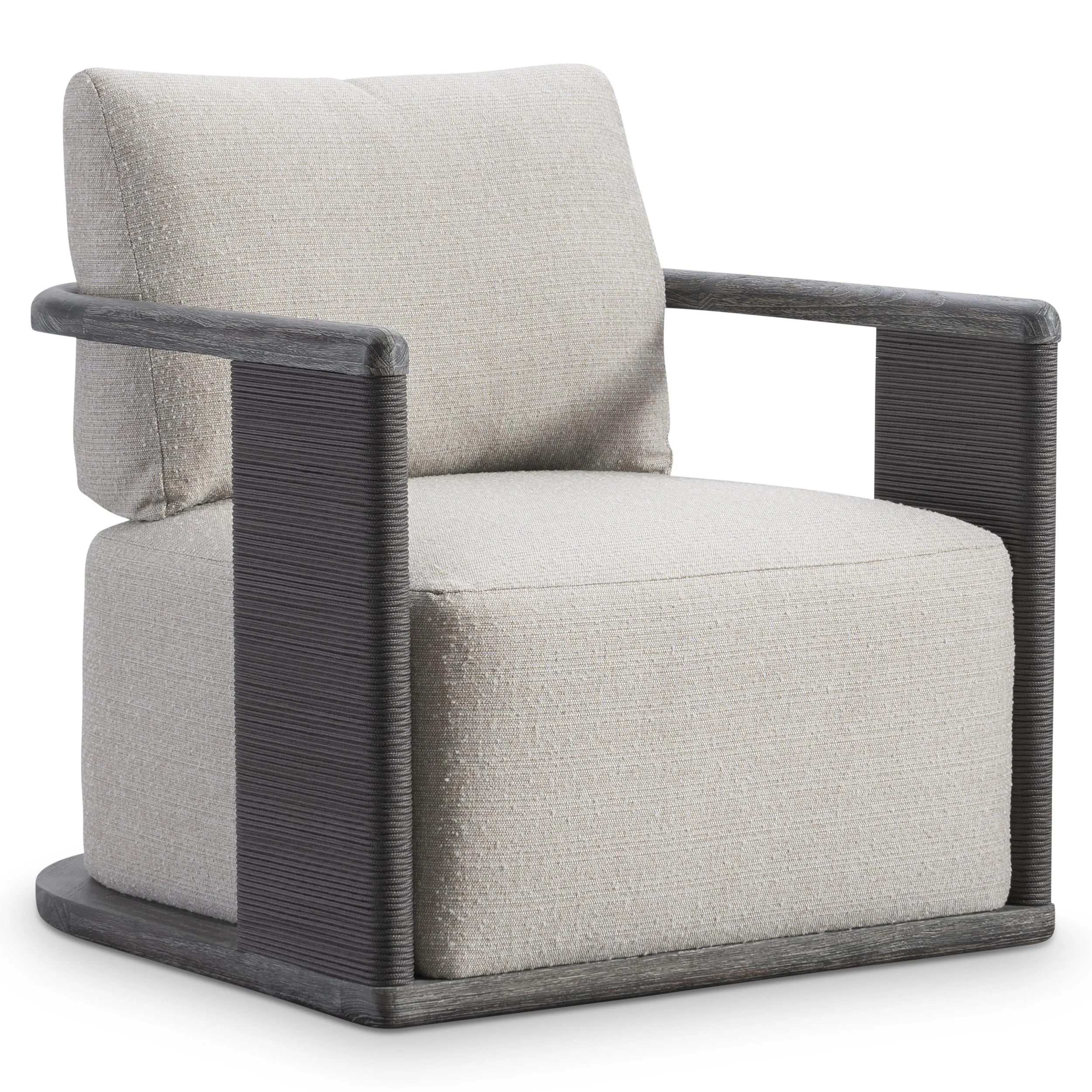 Rope-wrapped panels add a textural detail to this outdoor swivel chair.