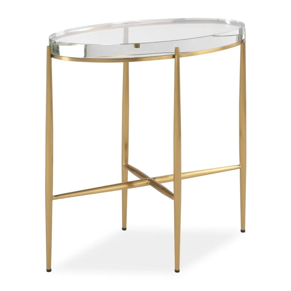 A spectacular thick optic crystal top, set in a brass finished table, sparkles like a solitaire diamond. The unusual narrow elliptical shape makes the perfect chair side companion in any room.