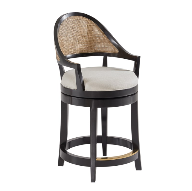 Lyon Bar Stool in black with a beige seat and cane backing, designed by Modern History in neutral linen upholstery.
