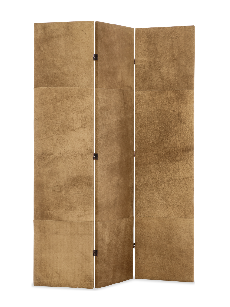 Room divider featuring a brown leather panel with platinum nail heads, designed by LEE Industries in Tracker Taupe.
