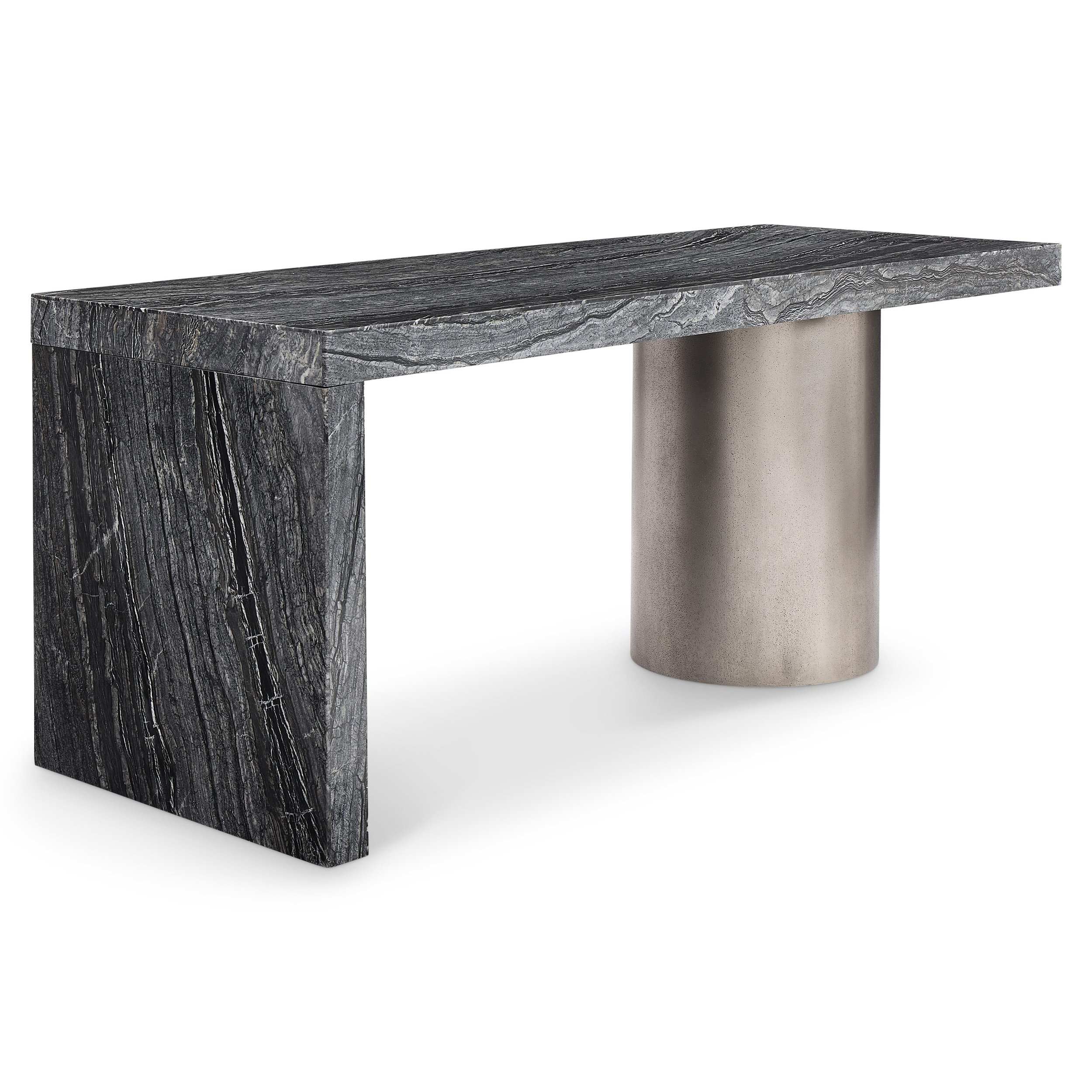 Full of contrast and drama, the Linea desk pairs boldly patterned Black Forest marble with textured cast aluminum in a striking asymmetrical design.