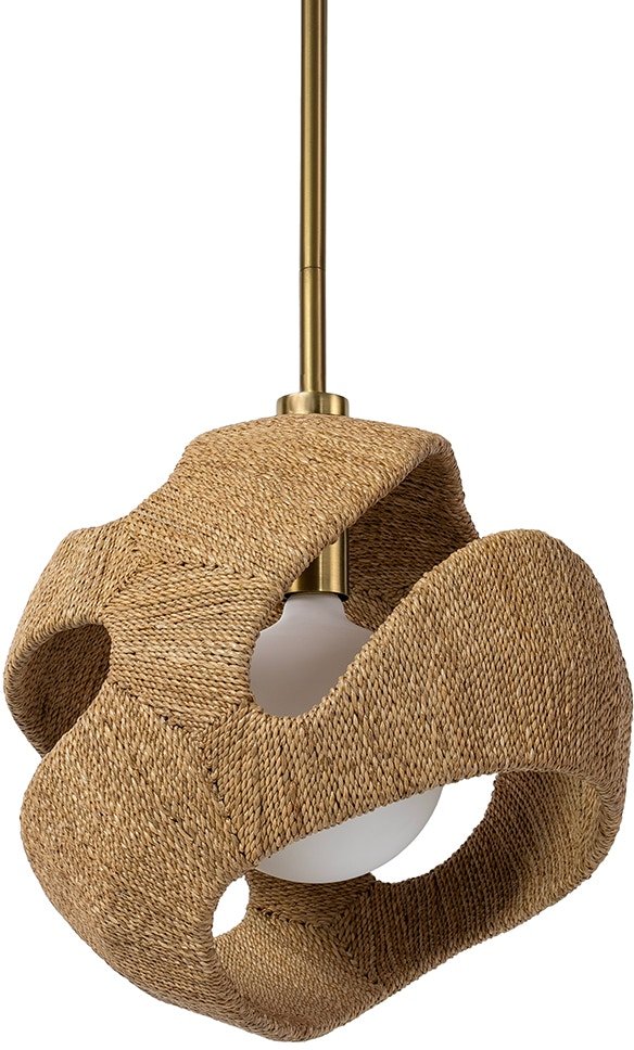 Fully adjustable pendant features hand-woven natural lampakanay rope wrapped over an abstract shaped powder coated metal frame. 