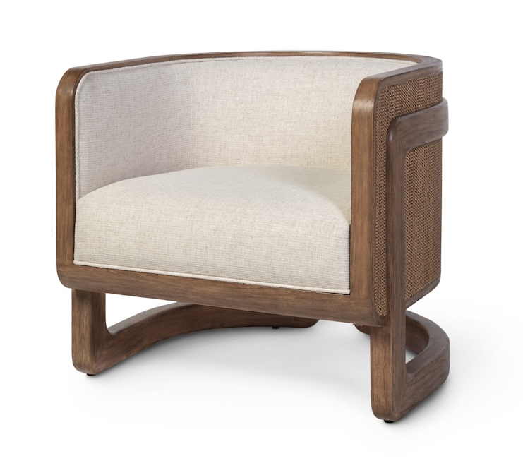 Solid hardwood frame and legs in a warm brown finish extend seamlessly over the back, accented with bold leather-stitch detailing.