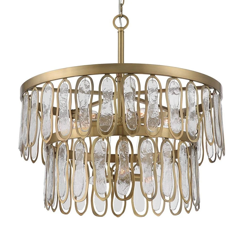 This two tier stacked 9 Lt Pendant is both artistic and stylish featuring organic watered and seeded clear glass accents outlined with a rich antique brass contours.