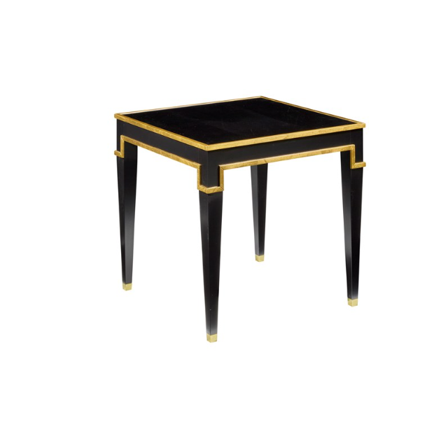 Black and gold Sparro end table with gold leaf striping, featuring a sleek design by Modern History.