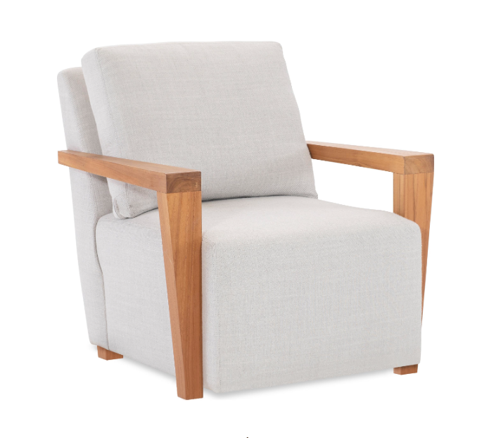 A beautiful teak frame supports generous and luxurious cushions on this stunning sofa suitable for outdoor use.