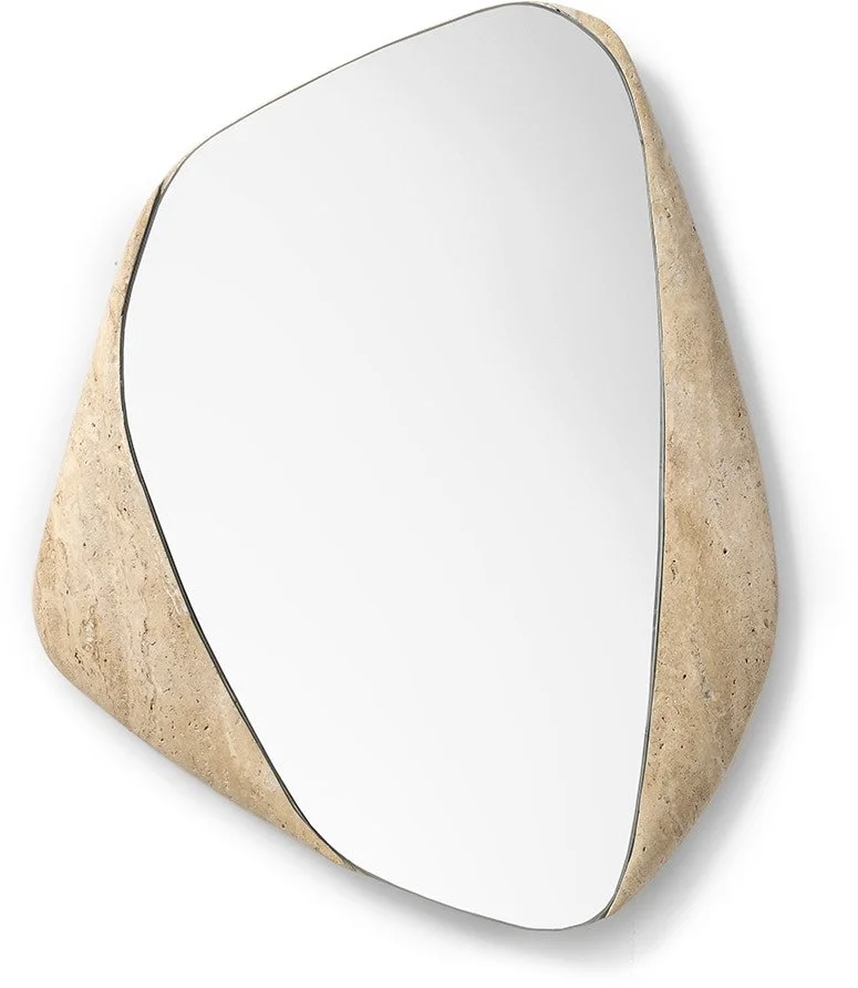 Mirror features a hand-carved and polished solid travertine stone frame.