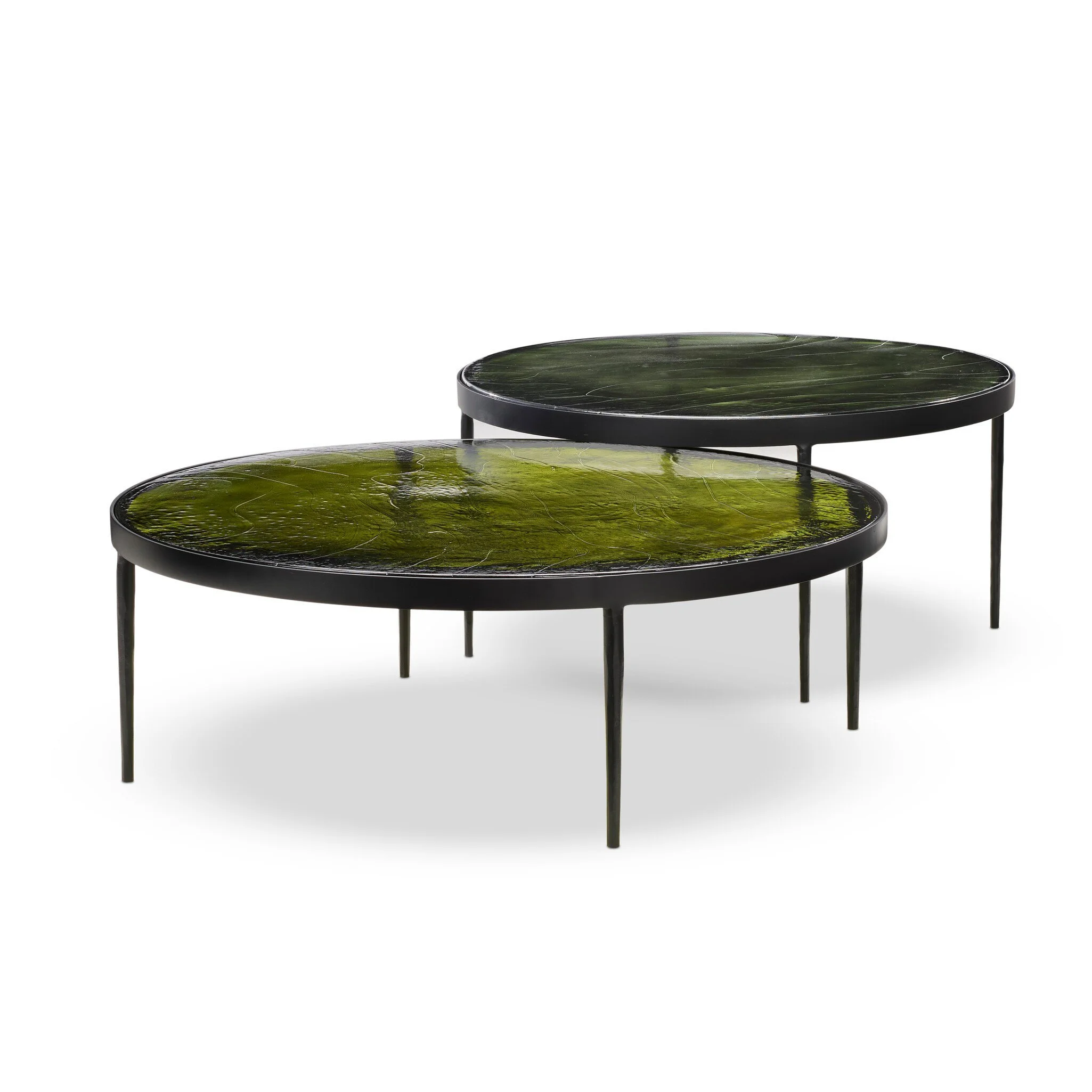 Moss green cast glass tops slim, tapered matte black metal frames in a sleek, contemporary design.