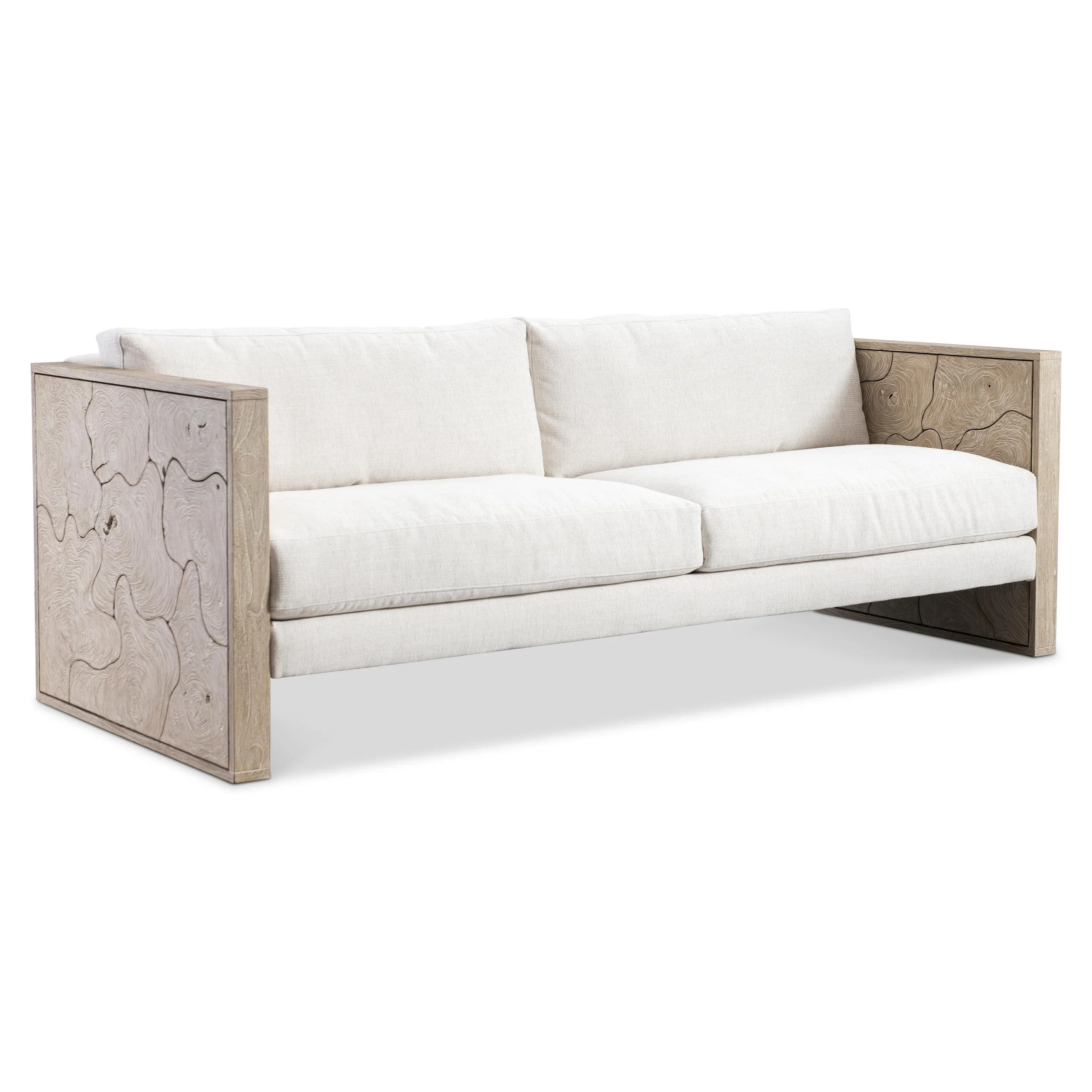 A beautiful teak frame supports generous and luxurious cushions on this stunning sofa suitable for outdoor use.