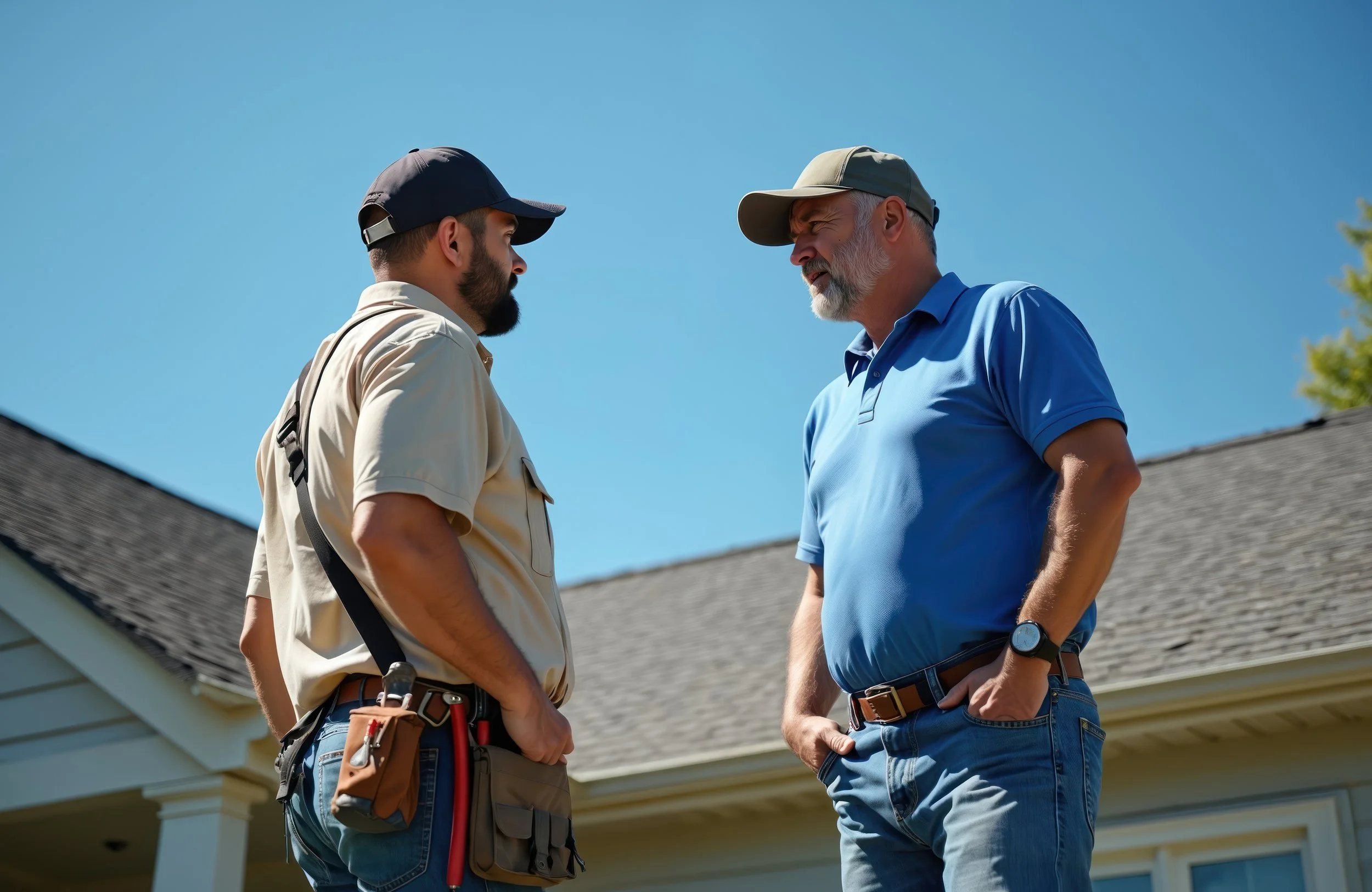 Professional roofer consulting with a homeowner on roof repair or replacement