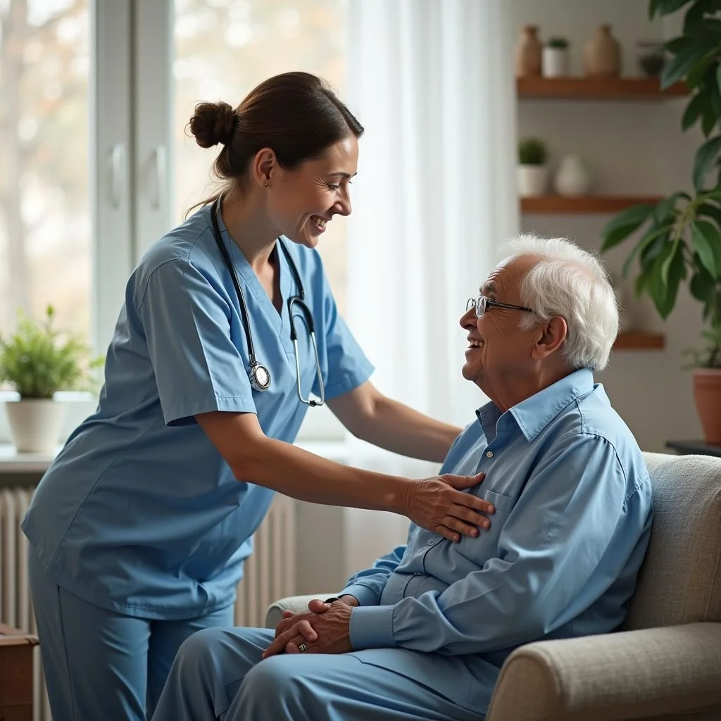 A nurse smiling and talking to an elderly man with white hair and glasses, sitting on a sofa in a well-lit room with potted plants and shelves in the background.
