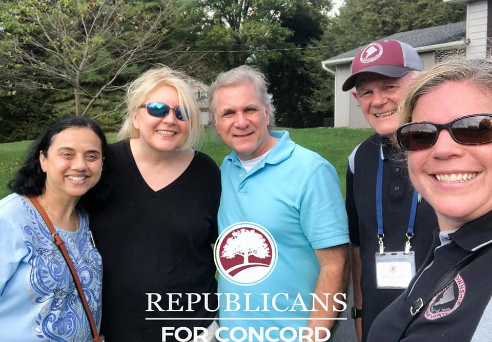 Group of five people smiling outdoors, two women and three men, with a logo that says "REPUBLICANS FOR CONCORD."