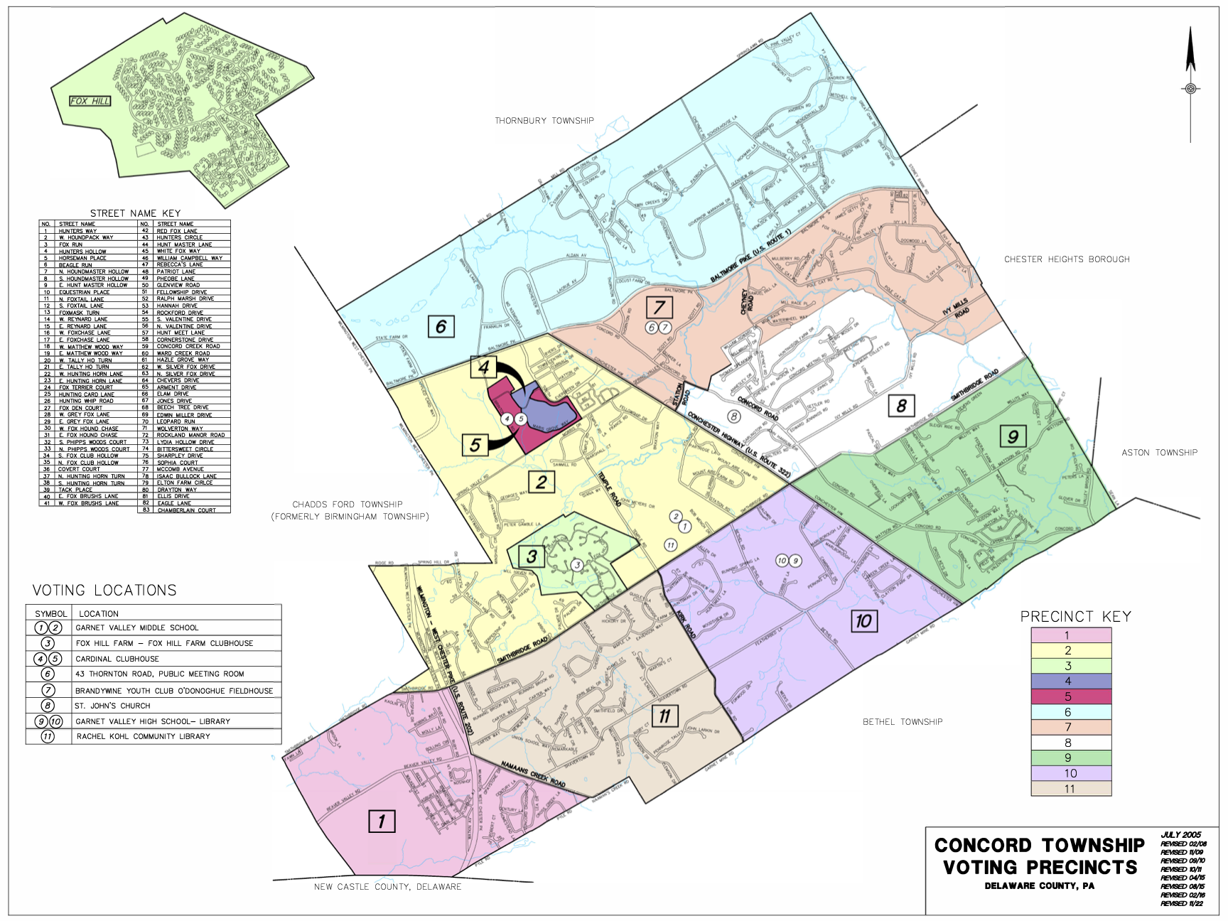 Map of Concord Township voting precincts in Delaware County, Pennsylvania, with color-coded areas for each precinct, voting locations, and a key for precinct and street names.