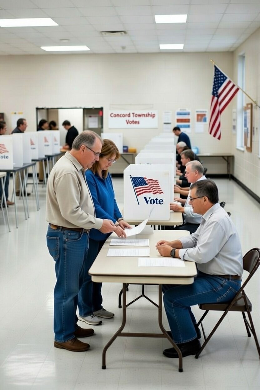 People voting at a polling station with voting booths and an American flag.